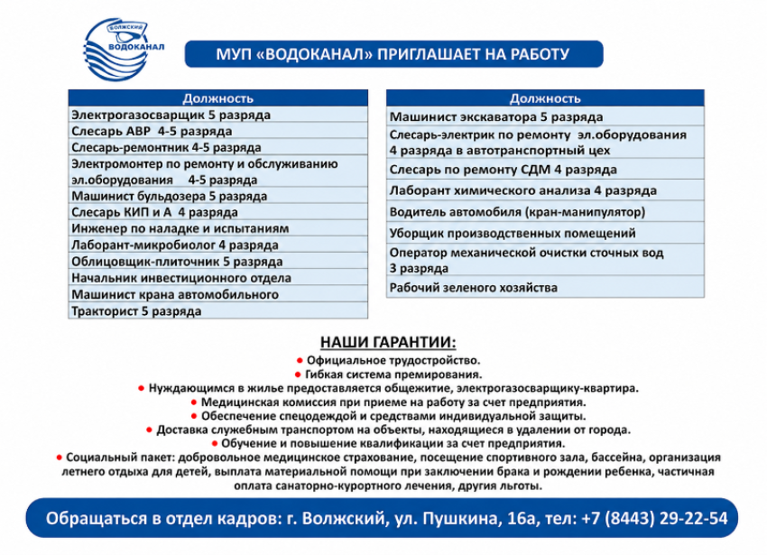 МУП «Водоканал» приглашает на работу