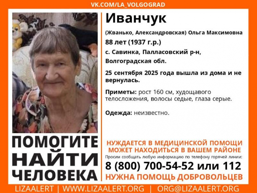 В Волгоградской области пропала 88-летняя Ольга Иванчук: нуждается в медпомощи