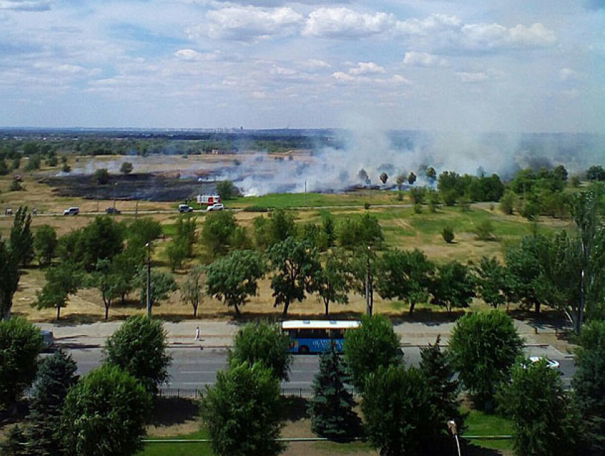 Крупный пожар в центре Волжского: на территории парка загорелась сухая трава