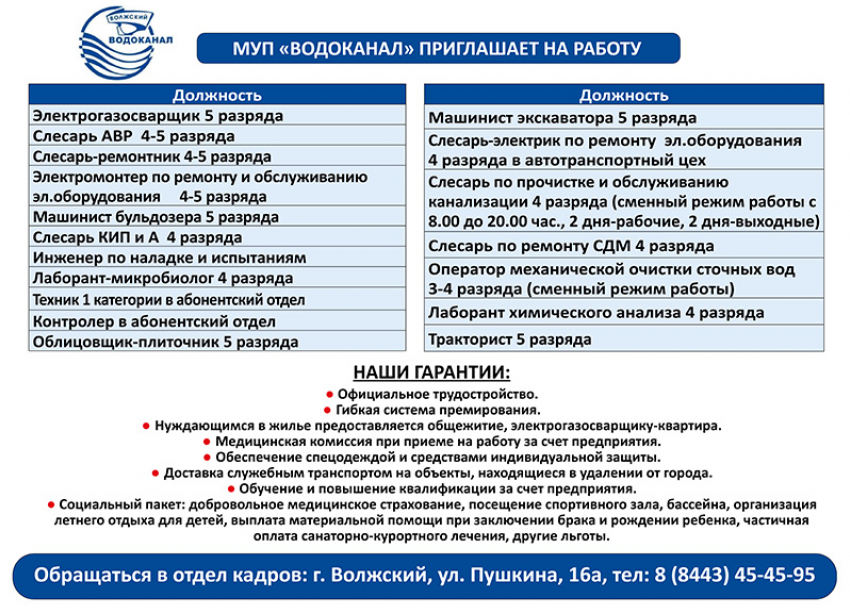 Обновленные вакансии МУП «Водоканал»