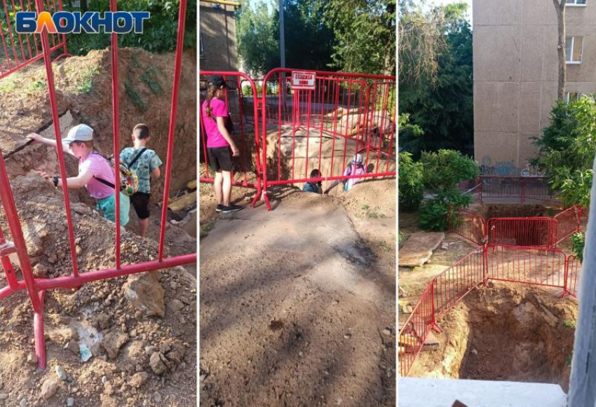 Дети устроили песочницу в разрытой яме для ремонта труб в Волжском